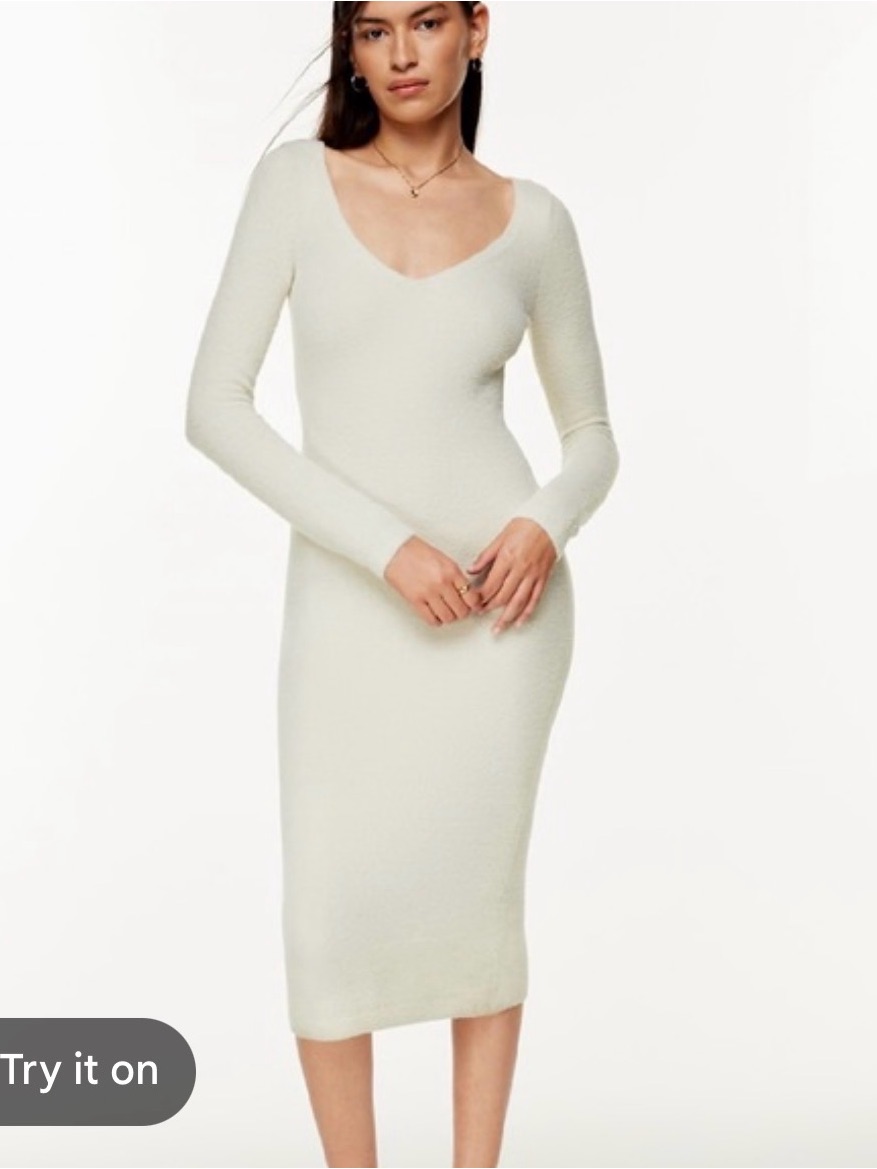 Wilfred Cream Vneck Long Sleeve Ribbed Midi Dress